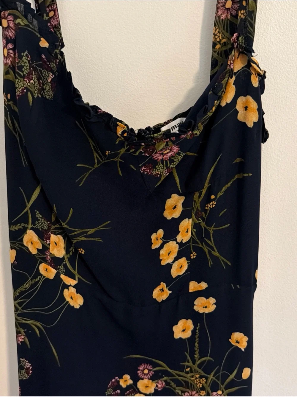 Reformation Navy Floral Tie-Shoulder Maxi Dress with Yellow Blooms